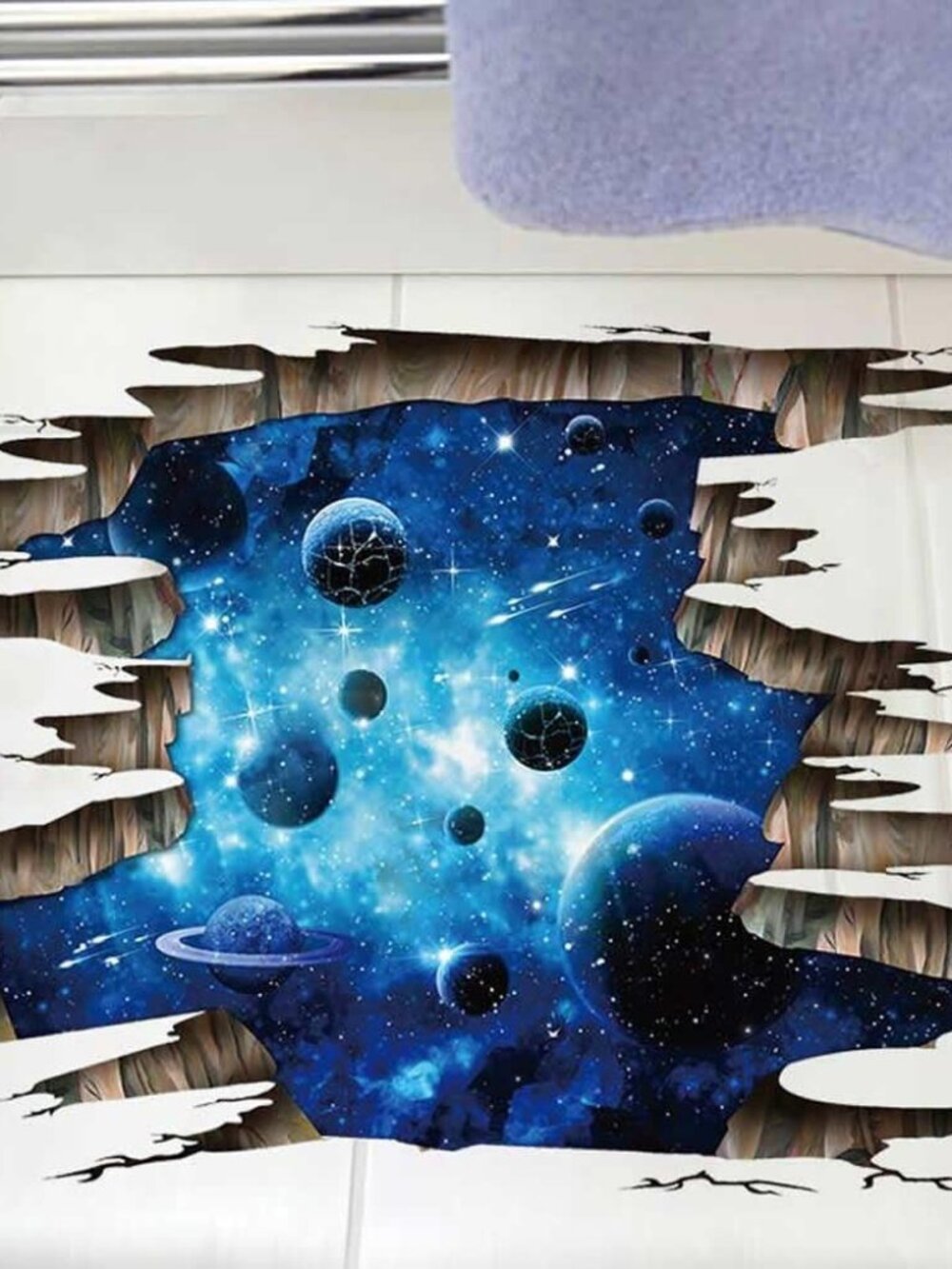 3D Space Floor Sticker,Blue Galaxy Wall Decal-Removable Mural for Kids Bedroom L
